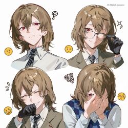 Rule 34 | 1boy, ?, absurdres, adjusting eyewear, akechi gorou, bibi booom, black gloves, black necktie, blue vest, brown hair, brown jacket, closed mouth, covering face, emoji, glasses, gloves, grin, half-closed eyes, hand up, highres, jacket, laughing, looking at viewer, male focus, medium hair, necktie, one eye closed, persona, persona 5, red eyes, shirt, simple background, smile, solo, sparkle, striped necktie, sweatdrop, teeth, twitter username, upper body, vest, white background, white shirt