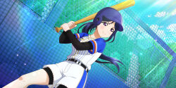 Rule 34 | 1girl, anime coloring, baseball, baseball bat, baseball helmet, baseball jersey, baseball uniform, batting stance, belt, belt buckle, bike shorts, black belt, black undershirt, blue hair, blue hat, blush, buckle, chain-link fence, closed mouth, cloud, cowboy shot, day, dutch angle, fence, from below, hands up, hat, helmet, highres, holding, holding baseball bat, jersey, lens flare, long hair, looking afar, love live!, love live! school idol festival all stars, love live! sunshine!!, matsuura kanan, official art, outdoors, playing sports, ponytail, purple eyes, shirt, shirt under shirt, short sleeves, shorts, sky, smile, solo, sportswear, standing, striped clothes, striped shirt, sunlight, tree, undershirt, v-shaped eyebrows, vertical-striped clothes, vertical-striped shirt, white shirt, white shorts