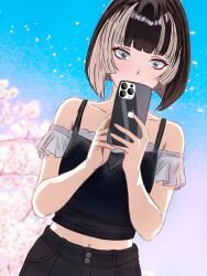 1girl absurdres alternate_costume alternate_hair_length alternate_hairstyle araraa322 black_hair black_pants black_tank_top bob_cut cellphone cherry_blossoms collarbone day dutch_angle hashtag-only_commentary highres holding holding_phone hololive hololive_dev_is iphone juufuutei_raden midriff multicolored_hair navel outdoors pants phone product_placement short_hair smartphone solo streaked_hair tank_top two-tone_hair virtual_youtuber white_hair