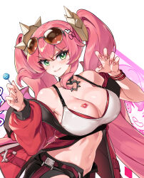 1girl bare_shoulders bra breasts claw_pose cleavage coat cosplay duel_monster ebi_bento evil_twin_ki-sikil eyewear_on_head highres ki-sikil_(yu-gi-oh!) large_breasts lipstick_mark lipstick_mark_on_breast live_twin_ki-sikil live_twin_ki-sikil_(cosplay) long_hair off_shoulder open_clothes open_coat pink_hair red_coat simple_background solo sunglasses twintails underwear upper_body very_long_hair white_background white_bra yu-gi-oh!