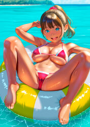 1girl bare_legs barefoot beach bikini blue_eyes blue_sky breasts brown_hair cameltoe cleavage day floating hair_ornament hair_scrunchie highres innertube large_breasts long_hair looking_at_viewer medium_hair navel ocean open_mouth original ponytail red_bikini scrunchie sidelocks sky smile solo spread_legs swim_ring swimsuit tan tanline teeth toes underboob upper_teeth_only uzuki_mei