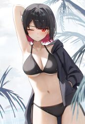 1girl absurdres alternate_costume bikini black_bikini black_hair black_jacket breasts commentary_request cowboy_shot ellen_joe highres jacket large_breasts navel one_eye_closed outdoors red_eyes red_hair short_hair solo stomach swimsuit thighs thomas_8000 zenless_zone_zero