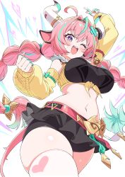 1girl ;d ahoge animal_ears aqua_hair arm_up blue_eyes braid breasts commentary_request cow_ears cow_girl cow_horns genshin_impact highres horns index_finger_raised kamuraaa_615 large_breasts looking_at_viewer multicolored_hair one_eye_closed open_mouth pink_hair smile solo teeth thighhighs thighs twin_braids twintails two-tone_hair upper_teeth_only varesa_(genshin_impact) white_horns white_thighhighs