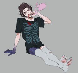 Rule 34 | 1boy, arcane: league of legends, arm support, arm up, bags under eyes, black shirt, blood, blood on clothes, blood on face, blue skin, brown eyes, brown hair, cigarette, colored skin, commentary, english commentary, grey background, highres, holding, holding cigarette, injury, league of legends, looking to the side, male focus, nosebleed, parted bangs, print shirt, shirt, short hair, simple background, sitting, skeleton print, smoke, smoking, solo, thighhighs, treslech3s, viktor (league of legends), white thighhighs, wide sleeves