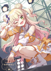 1girl ;d absurdres ankle_boots ankle_socks bike_shorts_under_skirt blonde_hair blush boots bracelet breasts collared_shirt cropped_shirt detached_sleeves double-parted_bangs double_bun fang fingernails full_body gradient_hair green_eyes hair_bun hair_ribbon highres holding holding_microphone hololive hololive_idol_uniform_(color_rise) idol idol_clothes jewelry lace-up_boots long_hair medium_breasts microphone midriff miniskirt momosuzu_nene multicolored_hair multicolored_shirt official_alternate_costume one_eye_closed open_mouth orange_overskirt orange_shirt orange_skirt orange_socks overskirt pink_hair platform_boots platform_heels ribbon shirt side_up_bun single_bare_shoulder single_detached_sleeve single_sleeve skin_fang skirt smile socks solo sonnamonaka squatting stage stage_lights two_side_up v v_over_eye virtual_youtuber watermark white_shirt white_skirt