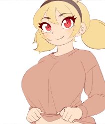 1girl ahoge animated black_hairband blonde_hair breasts brownish_hare clothes_lift collarbone hairband large_breasts lifting_own_clothes long_sleeves mole mole_on_breast mole_on_stomach mole_under_eye navel no_bra one_eye_closed original red_eyes shirt_lift shirt_tug simple_background smile solo stomach tagme teasing twintails underboob video white_background wink