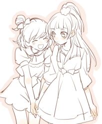 Rule 34 | 2girls, ^ ^, asahina mirai, blunt bangs, blunt ends, bow, closed eyes, closed mouth, collared shirt, cowboy shot, dot nose, dress, frilled dress, frills, frown, greyscale, hair bow, hair bun, hair ornament, happy, heke, high ponytail, holding hands, izayoi liko, light blush, lineart, long hair, long sleeves, looking at another, mahou girls precure!, monochrome, multiple girls, neck ribbon, nervous, open mouth, orange outline, outline, pom pom (clothes), pom pom hair ornament, ponytail, precure, puffy long sleeves, puffy short sleeves, puffy sleeves, ribbon, shirt, short dress, short hair, short ponytail, short sleeves, sidelocks, simple background, single side bun, smile, spot color, standing, straight hair, three-quarter sleeves, waist bow, white background, yuri