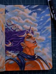 1boy art_tools_in_frame battle_tendency black_scarf cloud cloudy_sky commentary day earrings floating_hair highres horns jewelry jojo_no_kimyou_na_bouken kars_(jojo) long_hair looking_up makeup male_focus marker_(medium) maya_panda muscular muscular_male photo_(medium) purple_hair purple_lips scarf sky smile solo traditional_media wavy_hair