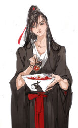 1boy black_hair black_hanfu bowl brown_eyes chinese_clothes closed_mouth collarbone faux_traditional_media food hair_between_eyes hair_ribbon hanfu head_tilt high_ponytail holding holding_bowl holding_spoon ink_wash_painting kcllzas163 long_hair long_sleeves looking_at_viewer male_focus modao_zushi noodles ponytail red_ribbon red_sash ribbon robe sash simple_background sketch smile solo soup spoon standing third-party_source wei_wuxian white_background wide_sleeves