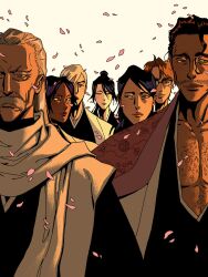 2girls 5boys aged_down aizen_sousuke black_kimono bleach blonde_hair brown_hair character_request chest_hair closed_mouth commentary dark-skinned_female dark_skin expressionless facial_hair hair_between_eyes hair_slicked_back highres japanese_clothes kimono kuchiki_soujun kyouraku_shunsui looking_to_the_side multiple_boys multiple_girls mustache pink_petals ponytail shihouin_yoruichi swept_bangs teatimebanter unohana_retsu upper_body white_hair