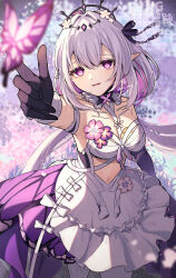 1girl armpits asymmetrical_gloves black_tiara breasts bug butterfly castorice_(honkai:_star_rail) cleavage clothing_cutout commentary_request dress elbow_gloves flower flower_ornament gloves hair_flower hair_ornament highres honkai:_star_rail honkai_(series) insect long_hair medium_breasts navel outdoors pantyhose parted_lips pointy_ears purple_gloves reia_hana smile solo stomach_cutout tiara uneven_gloves white_dress white_pantyhose