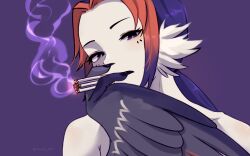 Rule 34 | 1girl, absurdres, black eyes, black feathers, black hair, black wings, blue background, claws, commentary, feathers, harpy, highres, looking at viewer, monster girl, multiple cigarettes in mouth, original, parted bangs, ponytail, red hair, smoke, smoking, twitter username, unreal fish, white feathers, wings