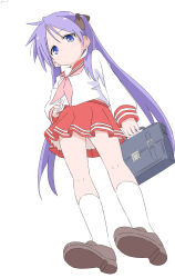 1girl absurdres bag black_ribbon brown_shoes closed_mouth commentary cynical_(llcbluckg_c004) from_below full_body hair_ribbon hand_on_own_hip highres hiiragi_kagami holding holding_bag loafers long_hair long_sleeves looking_at_viewer lucky_star neckerchief petticoat pink_neckerchief pleated_skirt purple_eyes purple_hair red_skirt ribbon school_uniform serafuku shirt shoes simple_background skirt socks solo standing twintails white_background white_shirt white_socks