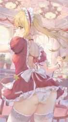 Rule 34 | 1girl, absurdres, ahoge, alternate costume, ass, backless dress, backless outfit, blonde hair, blush, bow, bra, bunting, chair, chandelier, collar, commentary, cowboy shot, crescent, cup, day, dress, dress bow, floating hair, frilled cuffs, frilled dress, frilled panties, frills, from behind, garter straps, hairband, hands up, highres, indoors, long hair, looking at viewer, looking back, luciana de montefio, maid, maid headdress, melon (melontsai), microdress, panties, parted lips, plant, potted plant, puffy short sleeves, puffy sleeves, red bra, red collar, red dress, red eyes, red hairband, red wrist cuffs, revealing clothes, shelf, short sleeves, shoulder blades, sideways glance, sideways mouth, solo, standing, thighhighs, twintails, underwear, warm colored, white bow, white garter straps, white panties, white thighhighs, window, wrist cuffs, zenless zone zero, zettai ryouiki