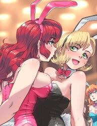 2girls 3girls ? animal_ears arms_behind_back averting_eyes blonde_hair blue_eyes blush breast_press crowd fake_animal_ears fake_tail freckles from_side green_eyes highres kerrigan_(thescarletone) leotard long_hair looking_at_another makeup michelle_(thescarletone) mole mole_under_eye multiple_girls olivia_(thescarletone) original playboy_bunny rabbit_ears rabbit_tail red_hair serious short_hair staring sweatdrop symmetrical_docking tail thescarletone