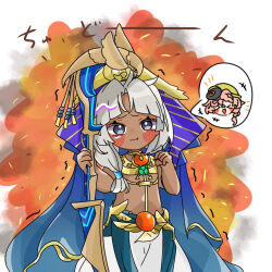 1boy ancient_egyptian_clothes blush_stickers closed_mouth dark_skin explosion eyelashes fate/grand_order fate_(series) grey_hair highres kabosusan_desu long_hair looking_at_viewer male_focus speech_bubble spoken_character tears translation_request trembling tutankhamun_(fate) van_gogh_(fate) van_gogh_(miner)_(fate)