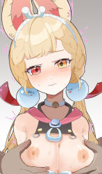 1girl absurdres alice_thymefield animal_ear_fluff armpit_crease blonde_hair blush braid breasts cleavage grabbing_another&#039;s_breast grabbing_from_behind gradient_background groping heterochromia highres large_breasts long_hair looking_at_viewer low_twintails molestation motion_lines nose_blush orange_eyes pursed_lips red_eyes solo sweat tearing_up torori_tarari twintails twitching zenless_zone_zero