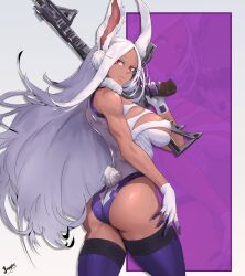 &gt;:( 1girl absurdres animal_ears ar-15 artist_name ass assault_rifle bare_shoulders boku_no_hero_academia breasts closed_mouth clothing_cutout commentary contrapposto covered_abs dark-skinned_female dark_skin english_commentary floating_hair from_behind fur_collar gloves gun highleg highleg_leotard highres holding holding_gun holding_weapon juggler_(sun_juggler) large_breasts leotard long_eyelashes long_hair looking_at_viewer mirko parted_bangs purple_thighhighs rabbit_ears rabbit_girl rabbit_tail red_eyes rifle sleeveless_turtleneck_leotard solo tail tail_through_clothes thighhighs thighs toned toned_female two-tone_gloves v-shaped_eyebrows very_long_hair weapon white_gloves white_hair white_leotard zoom_layer