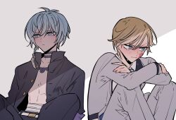 2boys alma_(nakigara_no_tori) bandaged_chest black_jacket black_pants blonde_hair blue_eyes blush bruise ciel_(nakigara_no_tori) closed_mouth crossed_arms crying crying_with_eyes_open expressionless grey_background grey_jacket grey_pants hair_between_eyes highres injury jacket knees_up long_sleeves looking_to_the_side male_focus meremero multiple_boys nakigara_no_tori open_clothes open_jacket pants short_hair simple_background sitting tattoo tears