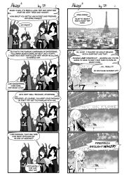 4koma 5girls akagi-chan_(azur_lane) amagi_(azur_lane) azur_lane cellphone coffee comic commentary eiffel_tower english_commentary english_text enterprise_(azur_lane) ethan_forsythe friedrich_der_grosse_(azur_lane) greyscale grim_(azur_lane) highres japanese_clothes kitsune left-to-right_manga long_hair monochrome multiple_girls multiple_tails musashi_(azur_lane) off_shoulder paris phone spit_take spitting tail