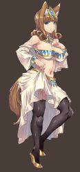 1girl ancient_egyptian animal_ears blonde_hair breasts cleavage erect_sawaru female_focus fox_ears fox_tail garter_straps high_heels highres medium_breasts navel solo standing tail thighhighs