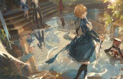 Rule 34 | 2boys, 2girls, absurdres, archer (fate), artoria pendragon (fate), black pantyhose, blonde hair, blue dress, boots, bun with braided base, caelus (honkai: star rail), chinese commentary, commentary request, crossover, dress, excalibur (fate/stay night), fate/stay night, fate (series), grey hair, hand on own hip, hands on hilt, high heel boots, high heels, highres, honkai: star rail, honkai (series), march 7th (honkai: star rail), march 7th (preservation) (honkai: star rail), multiple boys, multiple girls, outdoors, paddle, pantyhose, pink hair, pom-pom (honkai: star rail), reflection, reflective water, saber (fate), solo focus, standing, tk production, trailblazer (honkai: star rail)