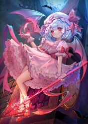 1girl absurdres arua bat_(animal) bat_wings blue_hair clock clock_tower dress frilled_dress frills full_moon hat highres looking_at_viewer magic midair mob_cap moon night outdoors pink_dress pink_hat red_eyes red_shoes remilia_scarlet shoes short_hair short_sleeves smile socks solo spear_the_gungnir touhou tower white_socks wings