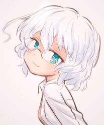 1girl :3 aqua_eyes blue_eyes eisu_(eith) glasses hair_between_eyes highres kagaku_chop lab_coat messy_hair short_hair simple_background smile suzuzono_sai white_background white_hair