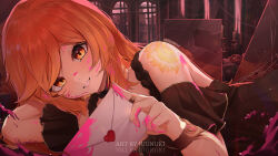 1girl absurdres apollo_(mythos) arm_behind_head arm_garter artist_name black_dress bug candle dress heart highres holding holding_letter jewelry juunuki letter long_hair love_letter mythos_(vtuber) orange_eyes orange_hair paint_on_body paint_splatter ring shoulder_tattoo silk smile solo spider spider_web tattoo virtual_youtuber window