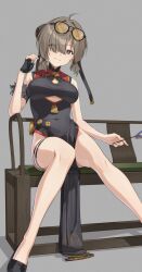 1girl ahoge black_dress black_gloves blonde_hair china_dress chinese_clothes clothing_cutout commentary_request dress eyewear_on_head fingerless_gloves gloves hair_over_one_eye hand_fan highres holding holding_fan ochiaki purple_eyes single_fingerless_glove sitting smile sweety_(zenless_zone_zero) thigh_strap tinted_eyewear tuanshan underboob_cutout yellow-tinted_eyewear zenless_zone_zero