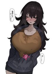 1girl black_eyes black_hair black_jacket black_shorts breasts brown_shirt collarbone hair_flaps highres huge_breasts implied_after_sex jacket light_blush mh2en netorase open_clothes open_jacket open_mouth original shirt shorts simple_background solo speech_bubble stained_clothes sweat white_background zipper