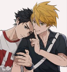 Rule 34 | 2boys, arm up, armlock, black shirt, blue oak, brown hair, collarbone, collared shirt, commentary request, crew neck, grey eyes, hair between eyes, hand on another&#039;s arm, head on another&#039;s shoulder, head rest, highres, index finger raised, looking at viewer, male focus, multiple boys, nintendo, open collar, pokemon, pokemon sm, print shirt, red (pokemon), sanpaku, shirt, short sideburns, short sleeves, sideburns, sinm i, t-shirt, upper body, wing collar, yaoi