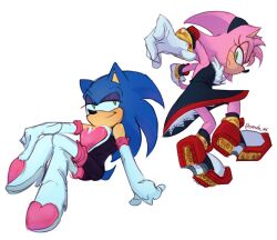 1boy 1girl alternate_costume amy_rose arms_behind_back black_dress blue_fur canela_art cosplay crossdressing crossed_legs dress english_text frilled_dress frills frown furry furry_female furry_male green_eyes grin looking_at_another looking_back rouge_the_bat rouge_the_bat_(cosplay) shadow_the_hedgehog shadow_the_hedgehog_(cosplay) smile sonic_(series) sonic_the_hedgehog white_background