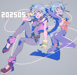 1girl allenby_beardsley ankle_boots artist_name ass belt blue_bodysuit blue_eyes blue_hair bodysuit boots breasts brown_belt cropped_jacket dated full_body g_gundam gloves grey_background gundam hair_between_eyes high_heels jacket jewelry looking_at_viewer mecha_pilot_suit medium_breasts medium_hair mobile_trace_suit multicolored_bodysuit multiple_views necklace open_clothes open_jacket open_mouth outstretched_arms pink_jacket red_bodysuit sasaki_tomomi skin_tight sleeveless sleeveless_jacket smile spread_arms twitter_username w yellow_gloves