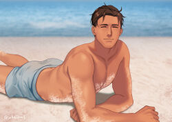 1boy ^_^ arm_support artist_name ass beach blurry brown_hair closed_eyes collarbone commentary day depth_of_field elbow_rest english_commentary facing_viewer grey_shorts highres light_smile lying male_focus messy_hair ocean on_ground on_stomach original outdoors pectorals sand sand_on_skin short_hair short_shorts shorts signature solo toned toned_male twitter_username uhai