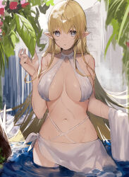 1girl absurdres breasts elf flower grey_eyes halterneck highres large_breasts long_hair looking_at_viewer navel original pointy_ears sarong solo wading water wet white_sarong yakihoko