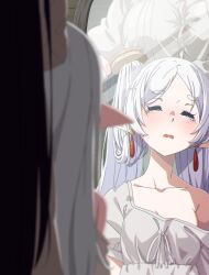 2girls blush brushing_another&#039;s_hair brushing_hair button_gap closed_eyes collarbone commentary_request earrings elf fern_(sousou_no_frieren) frieren highres holding holding_brush jewelry long_hair mirror multiple_girls off_shoulder open_mouth pointy_ears purple_hair reflection sando_(dukedevil) sleepy sousou_no_frieren tears twintails white_hair