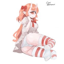 1girl 2022 artist_name cecilia_rosenkreutz highres horns indie_virtual_youtuber kreoalt loli looking_back lying monoai name on_side one-eyed oni_girl orange_hair panties pointy_ears socks solo striped_clothes striped_socks underwear upskirt white_background white_panties