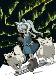 Rule 34 | 1girl, animal ear headwear, aurora, blue dress, boots, commission, dog, dress, dutch angle, fake animal ears, full body, hat, highres, holding ski pole, long hair, looking at viewer, looking to the side, mittens, neruzou, night, original, outdoors, skeb commission, ski pole, skiing, skis, snow, solo, standing, white hat