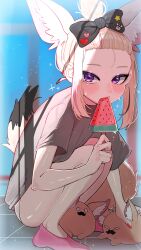 1girl absurdres alternate_costume alternate_hairstyle animal_ear_fluff animal_ears bangs_pinned_back black_bow black_hair blonde_hair blush bow commentary_request day eating extra_ears food food_in_mouth fox_ears fox_girl fox_tail grey_shirt hair_bow highres holding holding_food holding_popsicle hololive indoors looking_at_viewer multicolored_hair no_pants omaru_polka panties pink_hair pink_shorts popsicle purple_eyes shirt short_hair shorts solo squatting streaked_hair t-shirt tail tile_floor tiles underwear virtual_youtuber watermelon_bar white_panties yuuppi