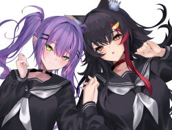 2girls absurdres alternate_costume animal_ears argule0901 black_choker black_hair black_skirt center-flap_bangs choker closed_mouth colored_inner_hair commentary_request demon_girl double-parted_bangs earclip gradient_hair green_eyes green_nails grey_neckerchief hair_between_eyes hair_ornament hairclip highres holding_hands hololive interlocked_fingers long_hair long_sleeves looking_at_viewer lying multicolored_hair multiple_girls nail_polish neckerchief o-ring o-ring_choker on_back ookami_mio open_mouth pink_hair pink_nails pointy_ears purple_hair red_choker red_hair sailor_collar sailor_shirt school_uniform shirt sidelocks simple_background skirt spiked_ear_piercing spiked_hair streaked_hair tokoyami_towa twintails virtual_youtuber white_background wolf_ears wolf_girl yellow_eyes