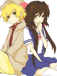 Rule 34 | 00s, 2boys, blonde hair, bow, newsboy cap, clannad, crossdressing, dual persona, hair bow, hat, multiple boys, school uniform, shima katsuki, tegaki, thighhighs, trap, wig