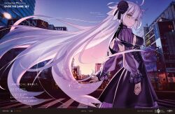 1girl ahoge black_dress blue_sky breasts cityscape dress fate/grand_order fate_(series) flower gradient_sky grey_hair hair_flower hair_ornament highres jeanne_d&#039;arc_alter_(fate) large_breasts long_hair long_sleeves looking_at_viewer purple_shrug purple_sky shrug_(clothing) sky smile solo takeuchi_takashi twilight very_long_hair yellow_eyes