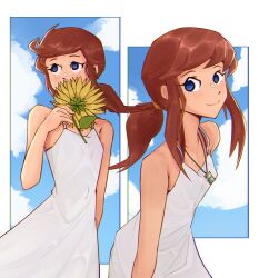 1girl a_hat_in_time aged_up alternate_costume blue_eyes blue_sky border brown_hair closed_mouth cloud cloudy_sky commentary covering_own_mouth cowboy_shot dress english_commentary flower fujimna hair_tie hat_kid highres holding holding_flower hourglass_necklace jewelry leaf looking_at_viewer looking_to_the_side looking_up medium_hair multiple_views necklace ponytail sidelocks sky sleeveless smile spaghetti_strap sundress white_border white_dress wind yellow_flower