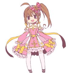 1girl ahoge arch_bishop_(ragnarok_online) bow breasts cleavage_cutout clothing_cutout commentary_request cross doroidsan dress dress_bow frilled_dress frilled_sleeves frills full_body hair_bow high_side_ponytail looking_at_viewer medium_breasts oekaki official_alternate_costume open_mouth pink_bow pink_dress ragnarok_online simple_background solo striped_bow white_background white_dress yellow_bow