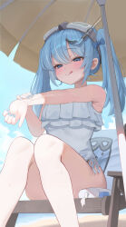 1girl :q absurdres applying_sunscreen arahashi_tabi blue_eyes blue_hair blue_nails blue_sky bow breasts cloud commentary_request day frilled_one-piece_swimsuit frills from_below goggles goggles_on_head hair_between_eyes hair_bow highres long_hair looking_ahead lotion lotion_bottle nail_polish one-piece_swimsuit outdoors outstretched_arm pipi_ya pungdangi_(arahashi_tabi) side-tie_swimsuit sidelocks sitting sky small_breasts snorkel solo stellive sunscreen swimsuit thighs tongue tongue_out twintails umbrella under_umbrella virtual_youtuber wooden_chair
