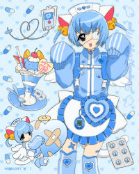 1girl 2000s_(style) angel_wings animal_ears apron bell blood blood_bag blue_eyes blue_hair blue_theme blue_thighhighs cat_ears cat_girl cat_tail commentary eyepatch fashion faux_retro_artstyle food hat heart highres jersey_maid jingle_bell kaomoji looking_at_viewer maid multiple_views nurse_cap oomulove original parfait pill short_hair symbol-only_commentary syringe tail tamagotchi tamagotchi_(classic) tamagotchi_(virtual_pet) tenshi_kaiwai thighhighs two_side_up unconventional_maid white_apron wings yami_kawaii