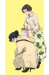 2girls absurdres black_hair brown_hair coat earrings floral_print food_print fruit_print full_body glasses hair_bun high_heels highres holding_hands jewelry lemon_print long_skirt m_k multiple_girls original short_hair skirt standing very_short_hair yellow_background yuri