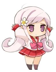 Rule 34 | 1girl, arms up, chibi, flower, full body, hair flower, hair ornament, long hair, lucy maria misora, mota, purple eyes, purple hair, school uniform, simple background, skirt, solo, to heart (series), to heart 2, white background