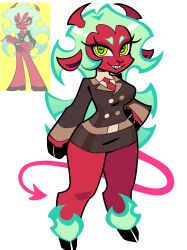 Rule 34 | 1girl, colored skin, demon girl, demon horns, green eyes, green hair, highres, hooves, horizontal pupils, horns, krinjuicy, long hair, looking at viewer, panty &amp; stocking with garterbelt, red skin, scanty (psg), solo